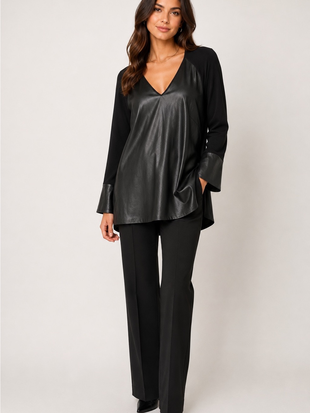 Lafayette 148 Silk and Faux leather New York Black V-Neck Tunic